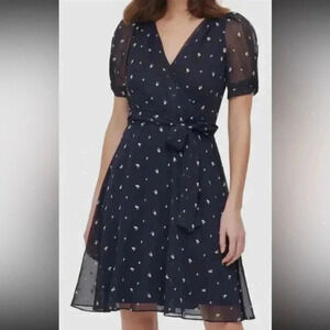 DKNY Navy floral print short sleeve knee length dress tie waist zipper closure